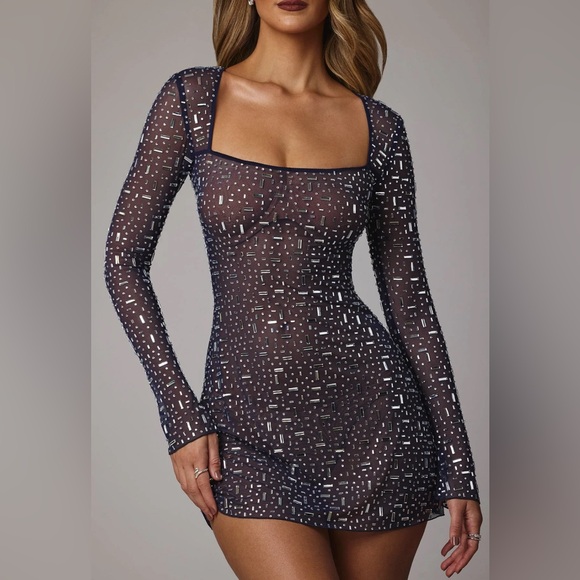 Sheer Embellished Long Sleeve A-Line Mini Dress in Navy - Picture 4 of 11